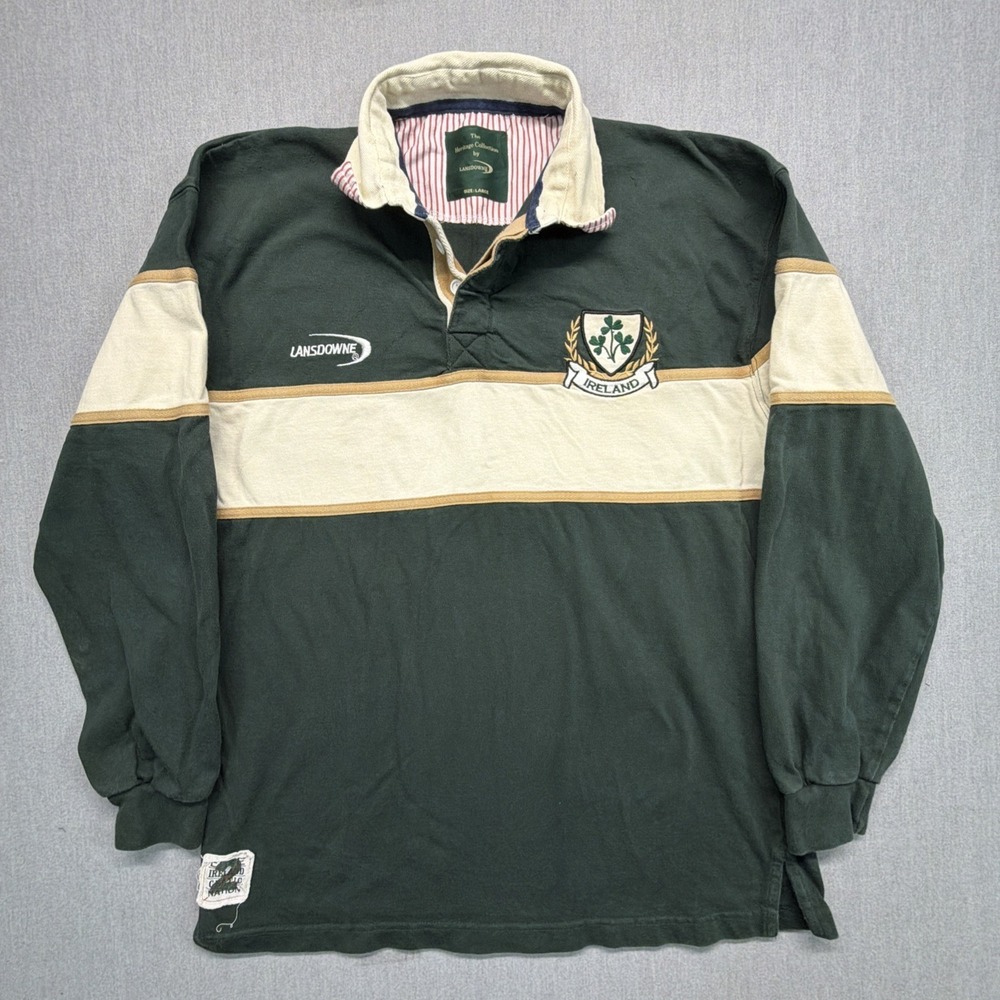 Lansdowne Rugby Shirt Mens Large Ireland Striped Heavyweight Long Sleeve Green